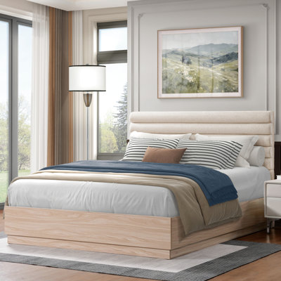 Queen Platform Bed Frame With Taupe Fabric, Engineered Wood, No Box Spring Bedroom Bed, Boucle Hardwood, Easy Installation