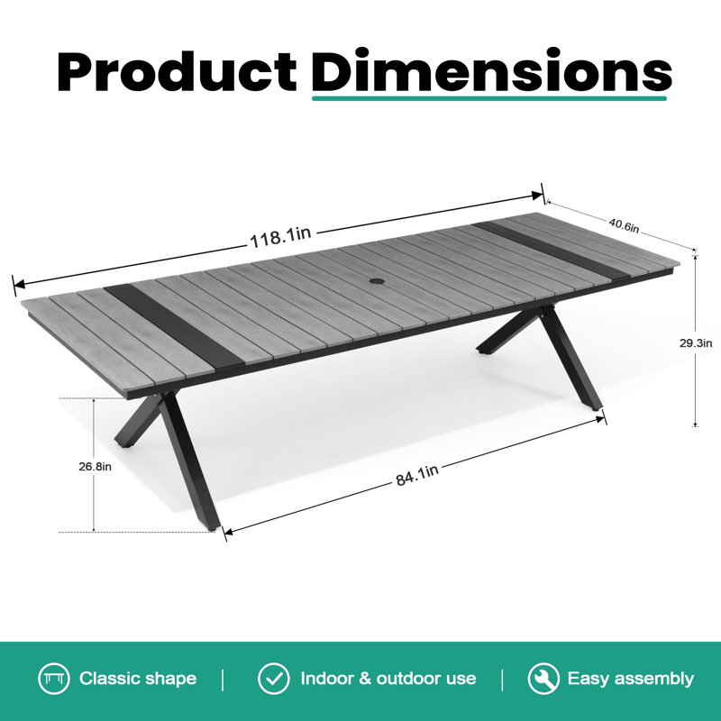 8-12 Person Plastic Desktop & Aluminum Frame Rectangular Outdoor Dining Table with Umbrella Hole, Gray