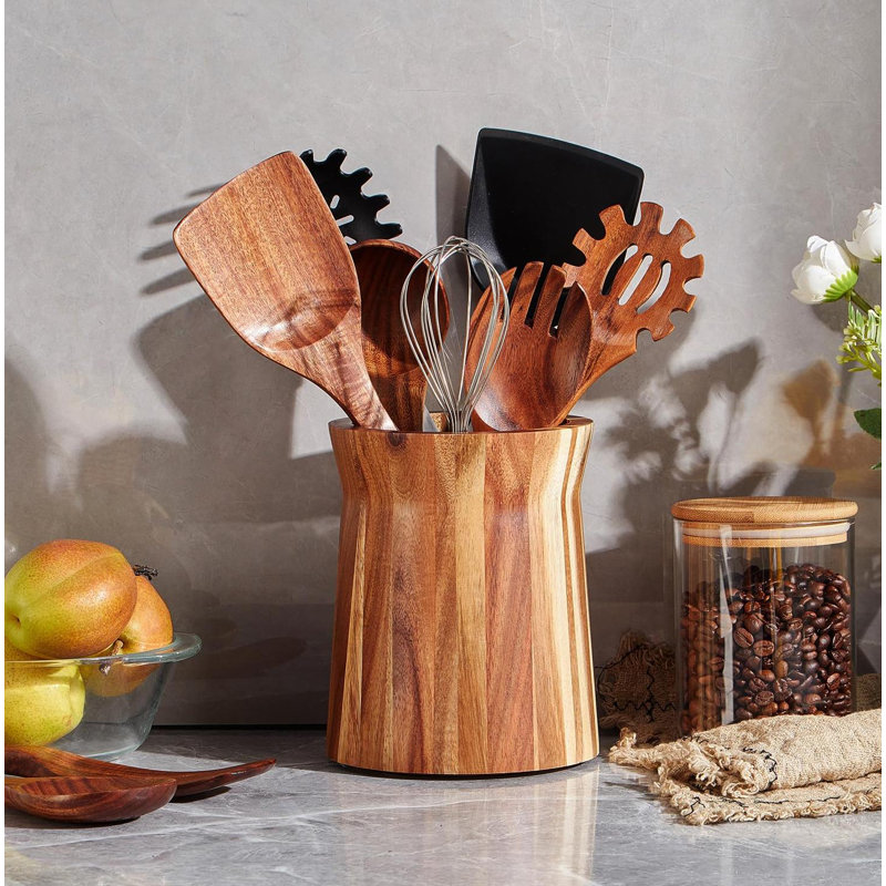 Wooden Utensil Holder For Countertop, 360° Rotating Kitchen Utensil Holder, 7.2"X 6" Large Acacia Wood Crock,Acacia