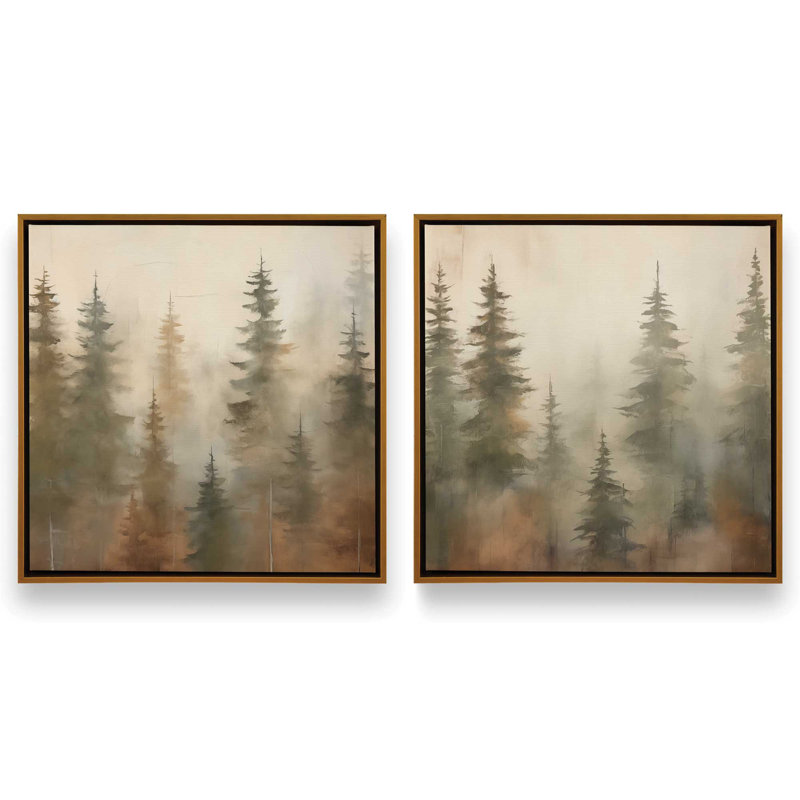 «Foggy Warm Forest», ensemble de 2, reproduction sur toile, Encadrement doré, H 16,75 po x l 16,75 po x P 1,75 po