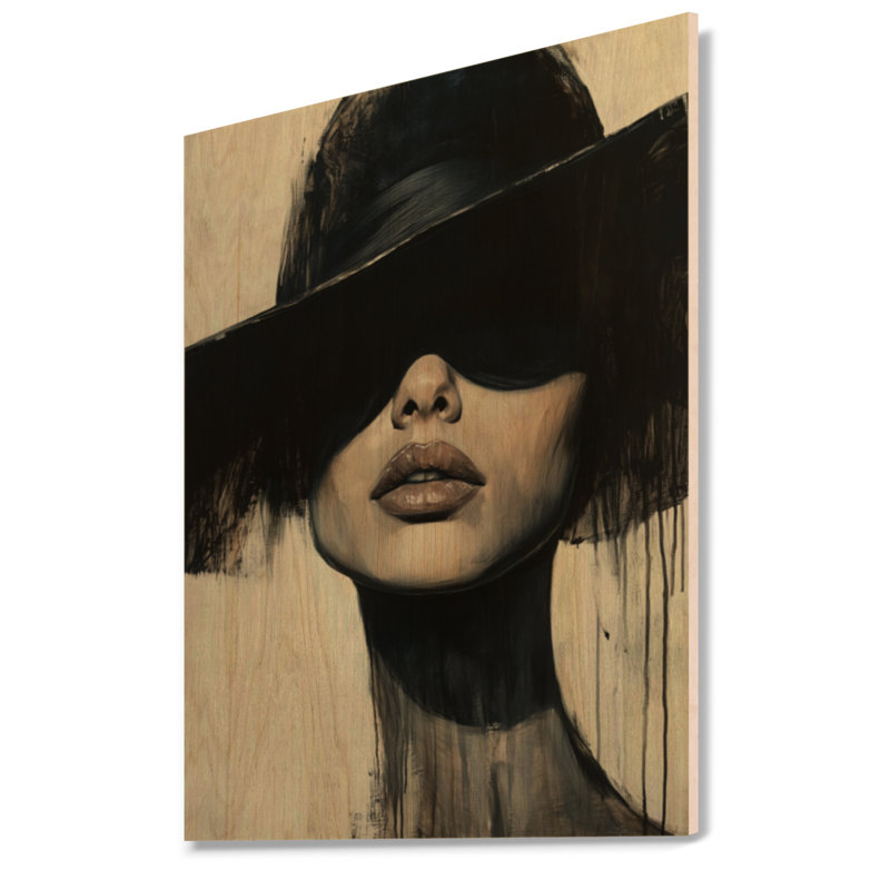 Sous le chapeau noir II - Portrait de femme - Impression décorative en bois, H 40 po x l 30 po