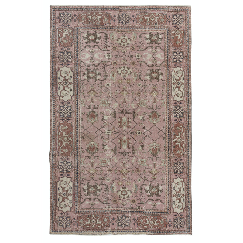 Tapis turc rétro à motif floral fabriqué à la main de couleur rose