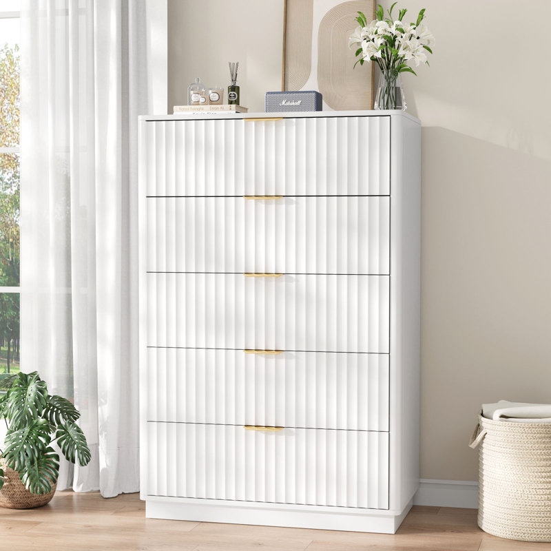Commode 5 tiroirs l 31,5 po, commode en bois 5 tiroirs pour chambre à coucher, Blanc