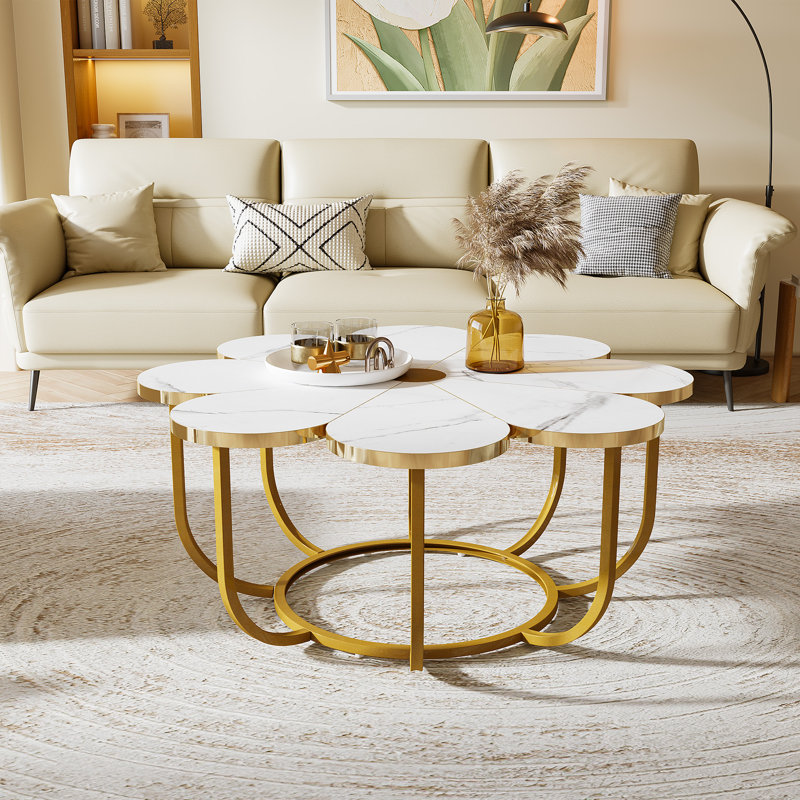 Behrett Flower-Shaped Coffee Table, White/Gold