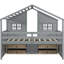 Lit mezzanine gris en pin avec fenêtres, 4 tiroirs de rangement, rails et toit décoratif