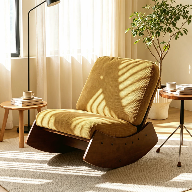 Chaise berçante rembourrée avec cadre en bois massif, jaune, ensemble de 2, 2, Jaune