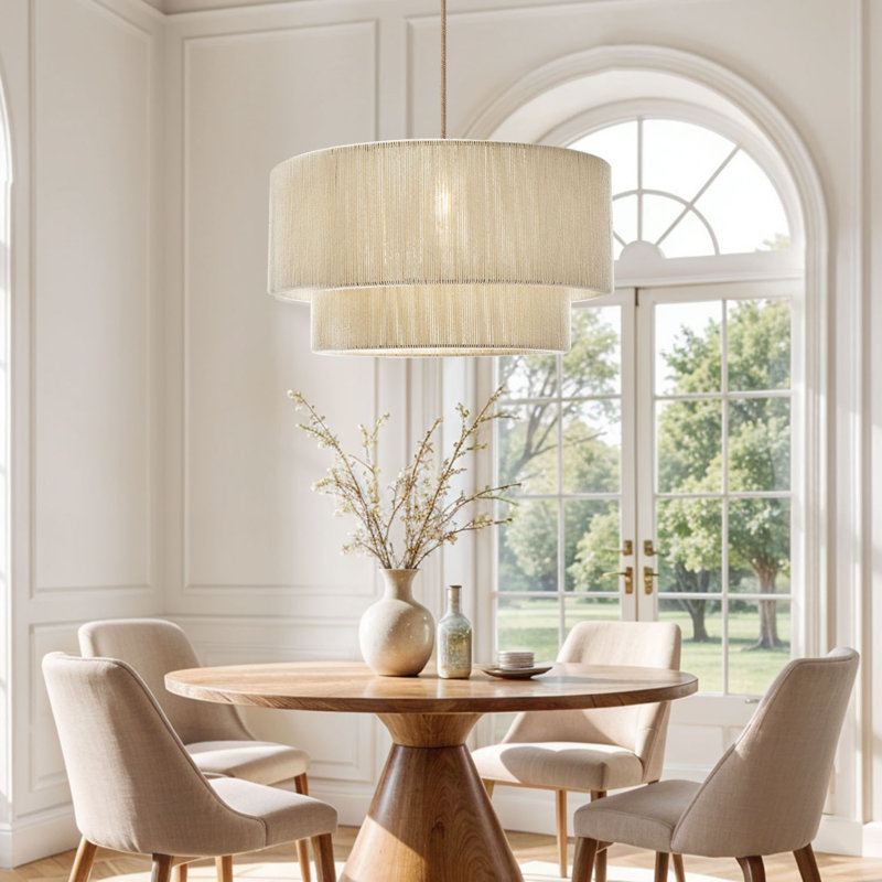 Ardita Rattan Pendant Light - Ivory White Drum 1-Light Polished Handwoven Dimmable Hanging Light For Kitchen Island, Kitchen, Dining Room, Living Room, Bedroom, Hallway or Covered Patio in Modern, Farmhouse & Boho Style