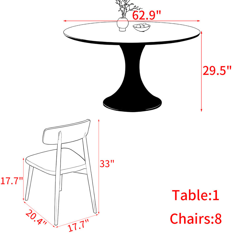 Ensemble de table ronde en bois massif de style américain, H 29,5 po x L 62,9 po x l 62,9 po