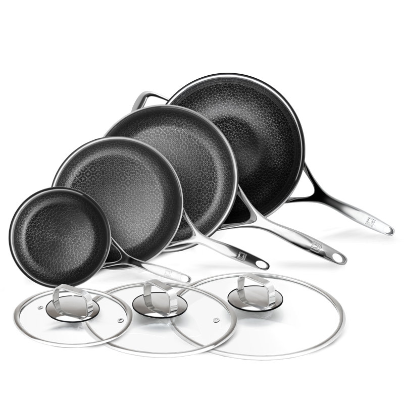 Livwell DiamondClad 7 Piece Hybrid Nonstick Stainless Steel Frying Pan Cookware Set with Wok and Tempered Glass Lids - PFOA Free, Dishwasher Safe, Oven Safe