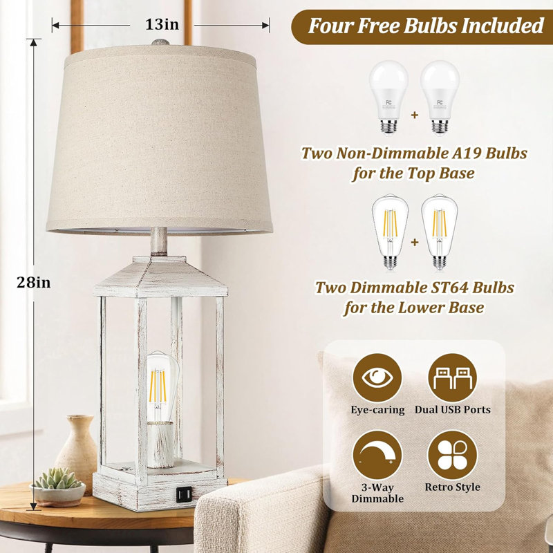 28" White Rustic Farmhouse Table Lamps Set with USB Ports