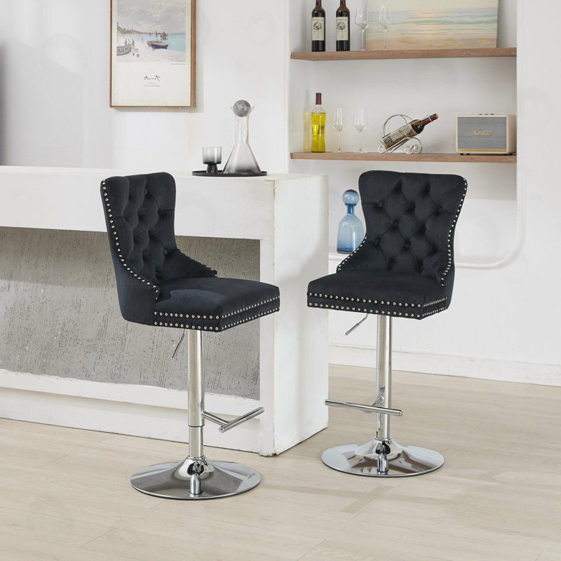 Ensemble de 2 tabourets pivotants en velours à hauteur réglable, Noir