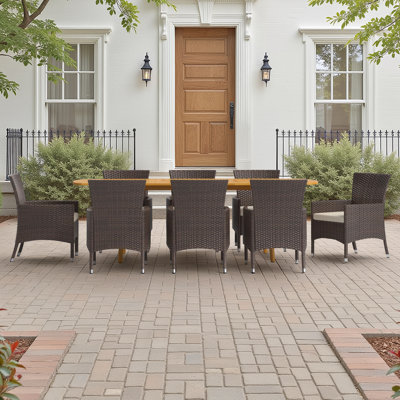 Anxhela 8 - Person Acacia Wicker Patio Dining Set with Extendable Rectangular Table , Cushions Included