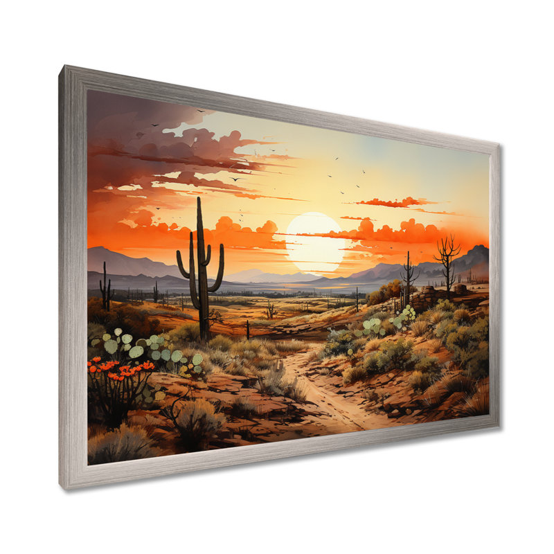 Silhouette orange, Cactus, lever de soleil - Cactus, art mural, Cadre de coin argenté fermé, H 34 po x l 44 po x P 1,5 po