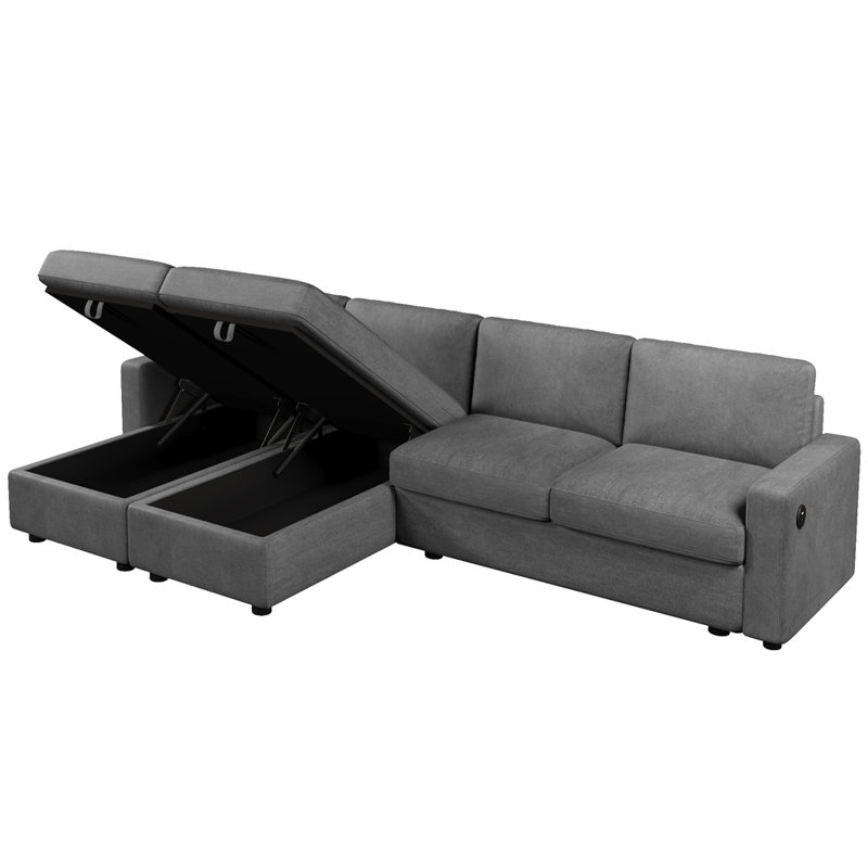 Canapé modulaire de 103,9 po avec deux chaises longues de rangement et quatre ports USB, Polyester gris foncé