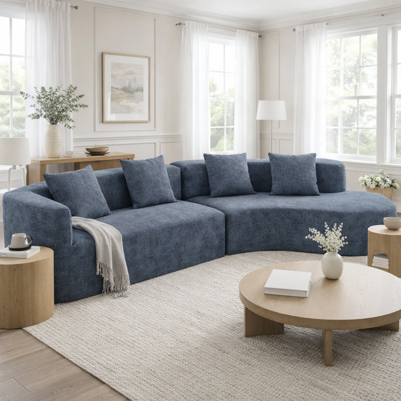Canapé modulaire courbé 2 pièces de 132 po Nargis, Chenille bleu foncé, H 27,2 po x l 37,4 po x L 132,3 po