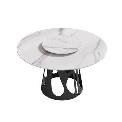 53" Round Sintered Stone Table For 6, Black Iron Metal Base, 23.62" Rotating Turntable Dining With Scratch- Top & Stable Base 6