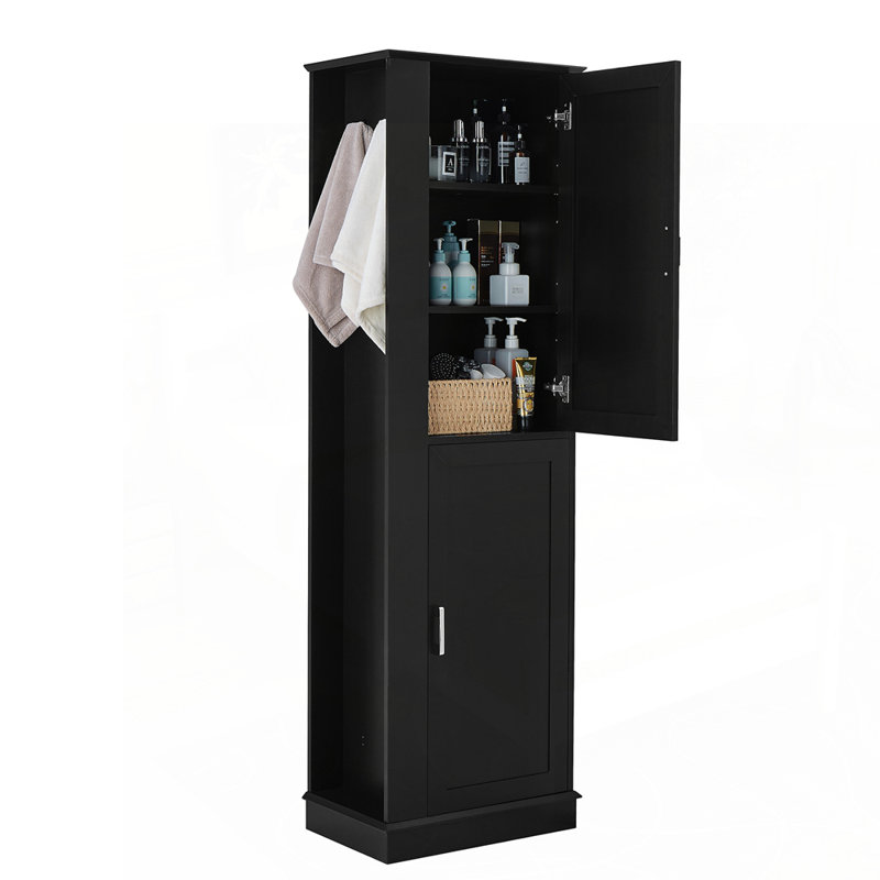 Armoire de salle de bain autoportante polyvalente avec crochet et tablettes réglables, Noir
