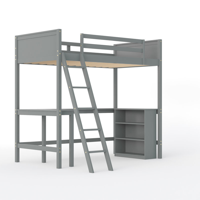 Lit mezzanine avec tablettes et bureau, gris