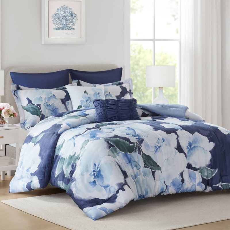 Ensemble d'édredon de style contemporain, Floral rosé, Édredon très grand californien + 6 pièces suppl