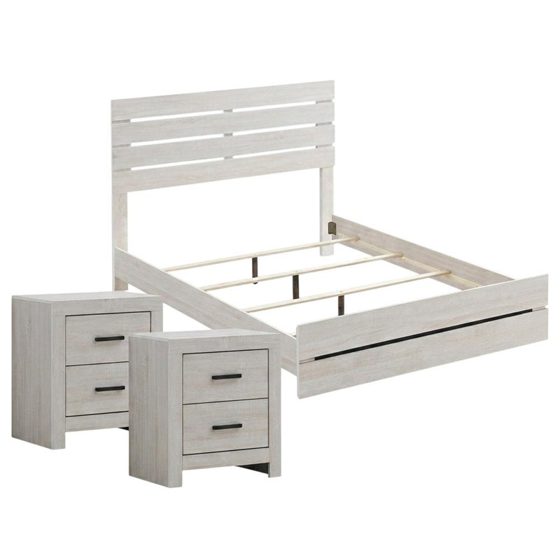 Lit plateforme blanc avec 2 tables de chevet, design contemporain, facile à assembler, parfait pour les chambres modernes