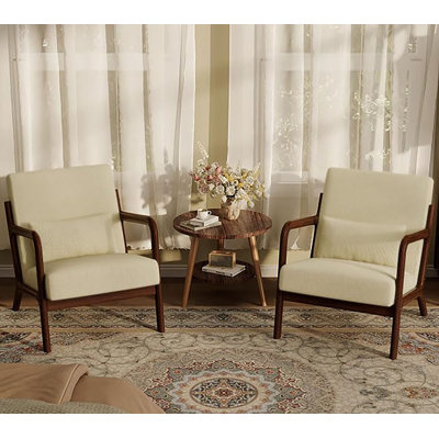 Mid-Century Modern Accent Chair Set of 2, Upholstered Armchair, Lumbar Pillow
