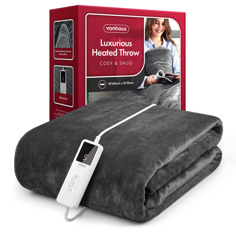 VonHaus Heated Electric Throw Blanket, 160 x 130cm, 9 Heat Settings, 9 Hour Timer, Machine Washable