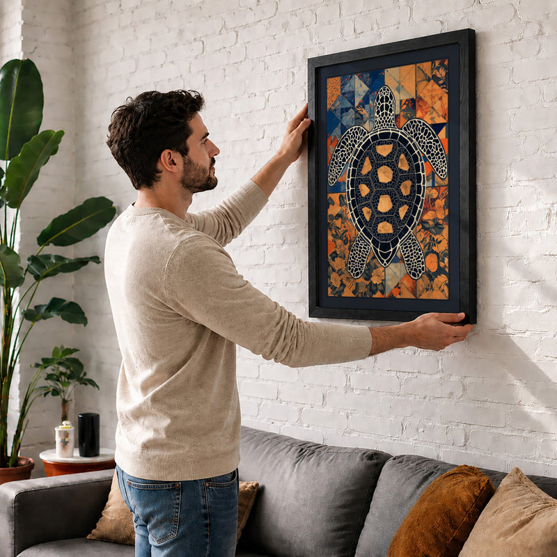 Sea Turtle Geometric - Framed Print, Walnut, A4 - 29.7 x 21.0 cm