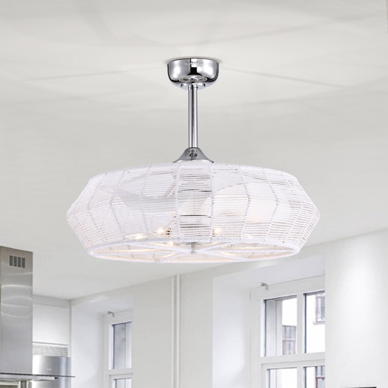 Akasha 28" Gloss White Rattan Rope Ceiling Fan Chandelier with Remote