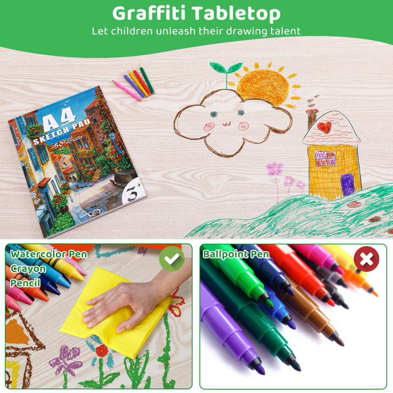 Kids Table and 4 Chair Set, Height Adjustable Toddler Table and Chair Set, Non-Slip Legs, Graffiti Desktop, Large Children Activity Table