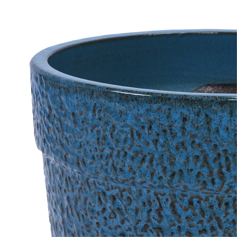 Handmade Ceramic Planter Set Of 3, 15/12/9 Inch Diameter, Blue Textured Pattern, For Succulents & Indoor Plants, Windowsill & Bookshelf Use, Breathable Clay