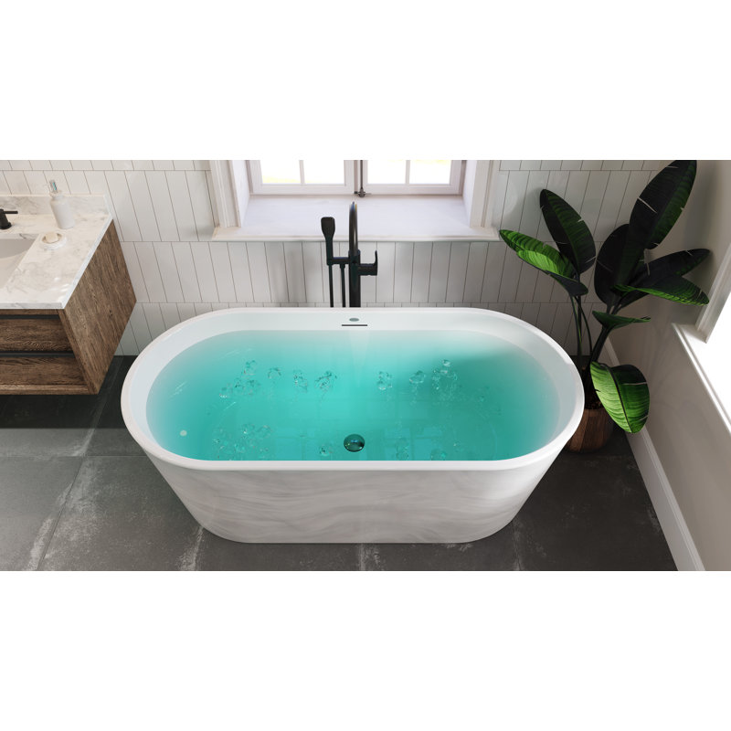 CELESTE 67"x32" Freestanding PURE AIR® Chromatherapy Bath Center Drain with Chrome & White Toe Tap Drains, White/Platinum