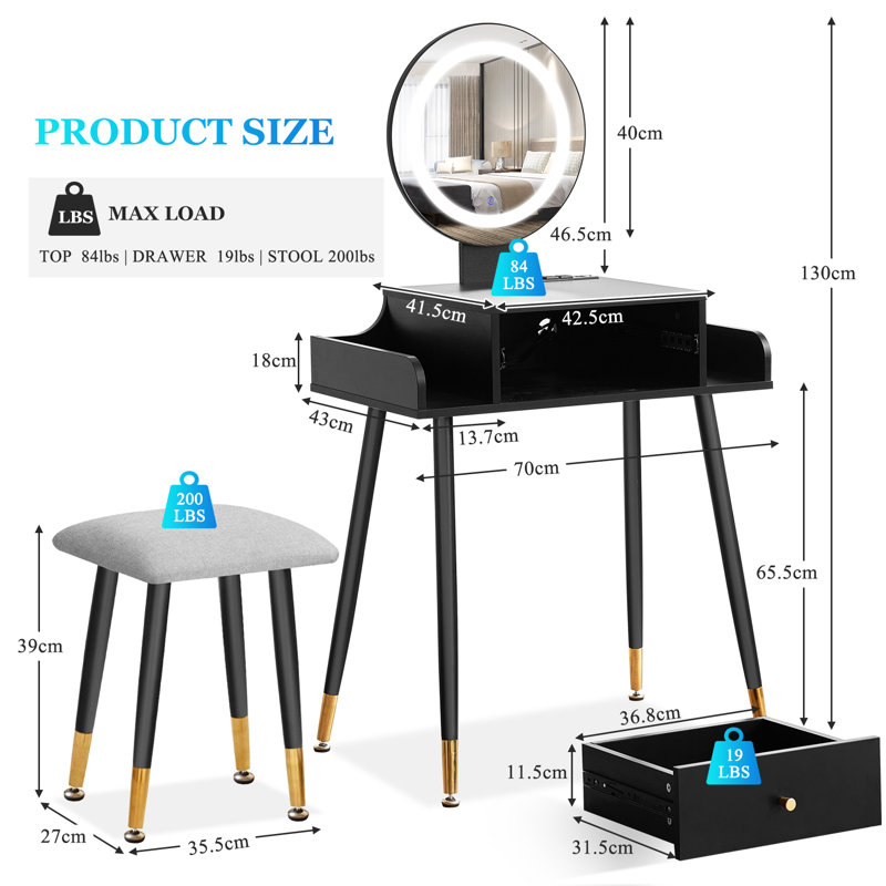 Ridaa Small Makeup Vanity Table Set with 3 Modes Brightness Adjustable Lighted Mirror, Compact Vanity Desk with Charging Station & Cushioned Stool, Dressing Table for Bedroom Apartment with Storage Drawer, for Kid Gift