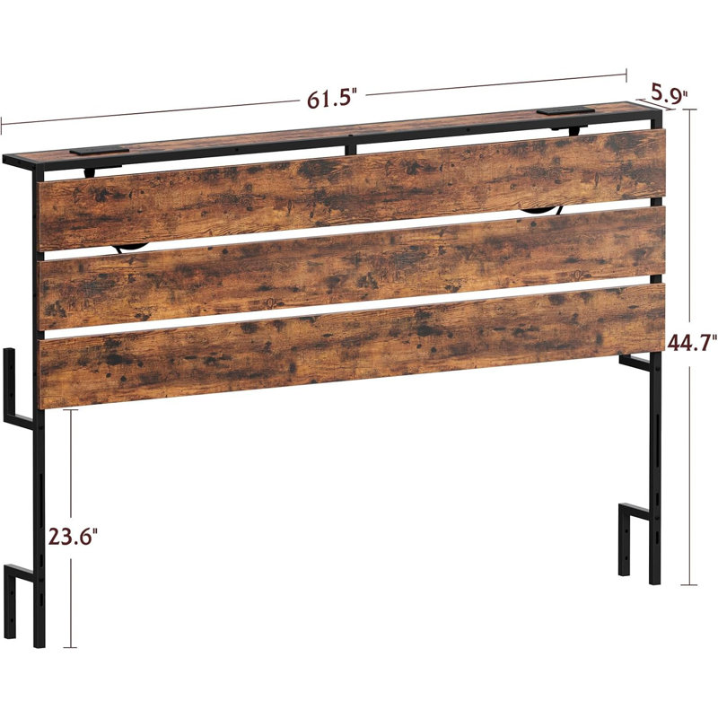 Queen Size Headboard Only, LED Wooden Headboard With 2 Charging Outlets, Rustic Flat Wood Panel Head Board Queen With Bed Frame Adjustable Adapter, Easy Assembly, Rustic Brown