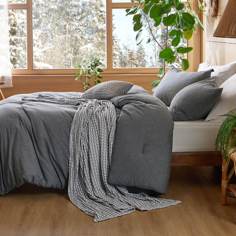Ensemble d'édredon en coton 5 pièces avec jeté en coton, Gris foncé, Édredon double + 1 jeté + 2 taies décoratives