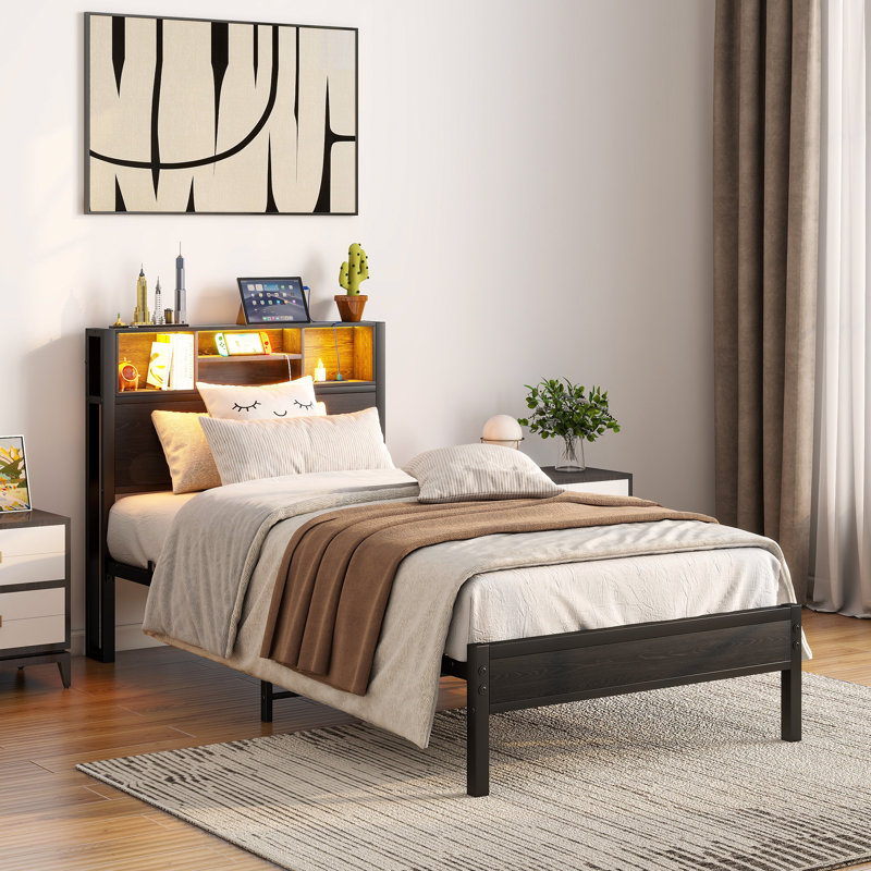 Twin Bed Frame with Storage Headboard, Metal Platform Bed with Charging Station, Bookcase & Underbed Storage, No Box Spring