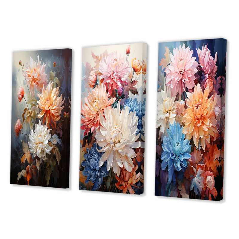 «Peach White Mums Romantic Impression», 3 pièces, Toile tendue, H 28 po x l 36 po
