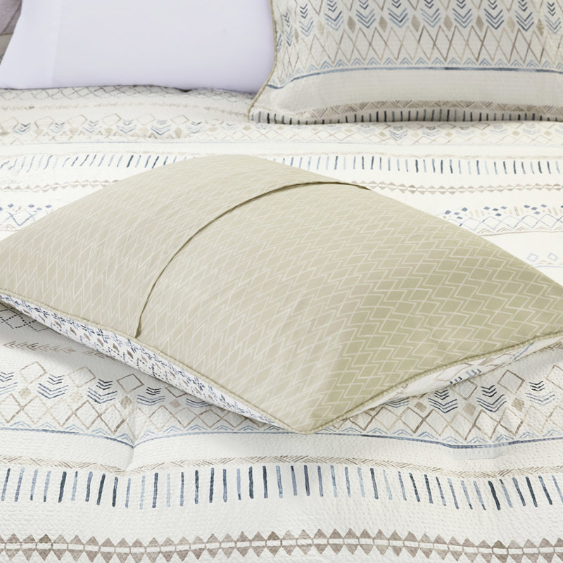 Édredon très grand / très grand lit - imprimé taupe et bleu pâle, avec literie 5 pièces imprimée en bleu, inclus