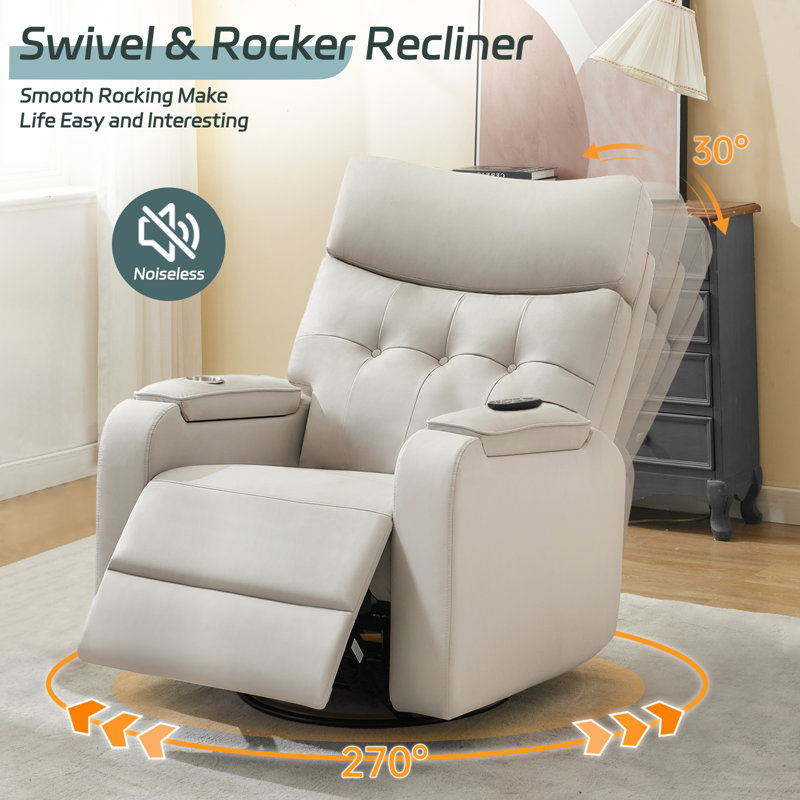 Oversized Modern Faux Leather Power Recliner with Swivel and Rocker, Massage and Heat, Double Storage Arm, Cup Holder,Timing and Type-C Port