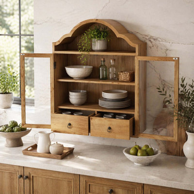 Vintage Rustic Distressed Solid Wood Wall Cabinet with Elegant Wave Top,for Dining Room,Kitchen, Living Room and Bathroom,Natural