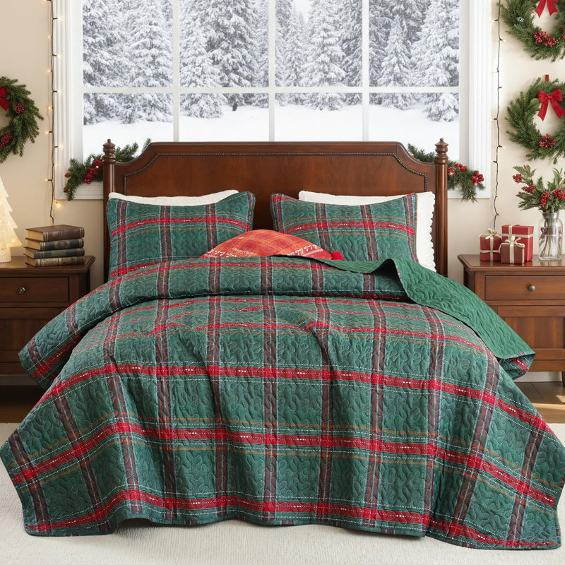 Ensemble de courtepointe de Noël, courtepointe en microfibre douce, couvre-lit léger pour l'hiver, Tissu écossais vert