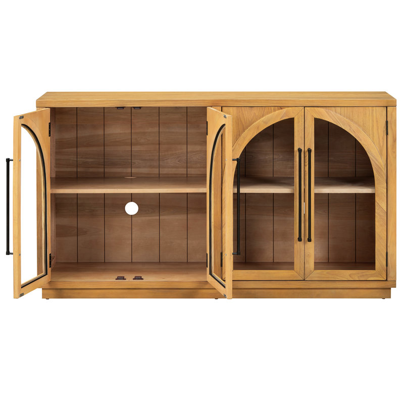Retro Style 4-Door Arched Storage Sideboard With Glass, Adjustable Shelves, Natural Wood, Multifunctional Buffet Cabinet, Shape, Look,