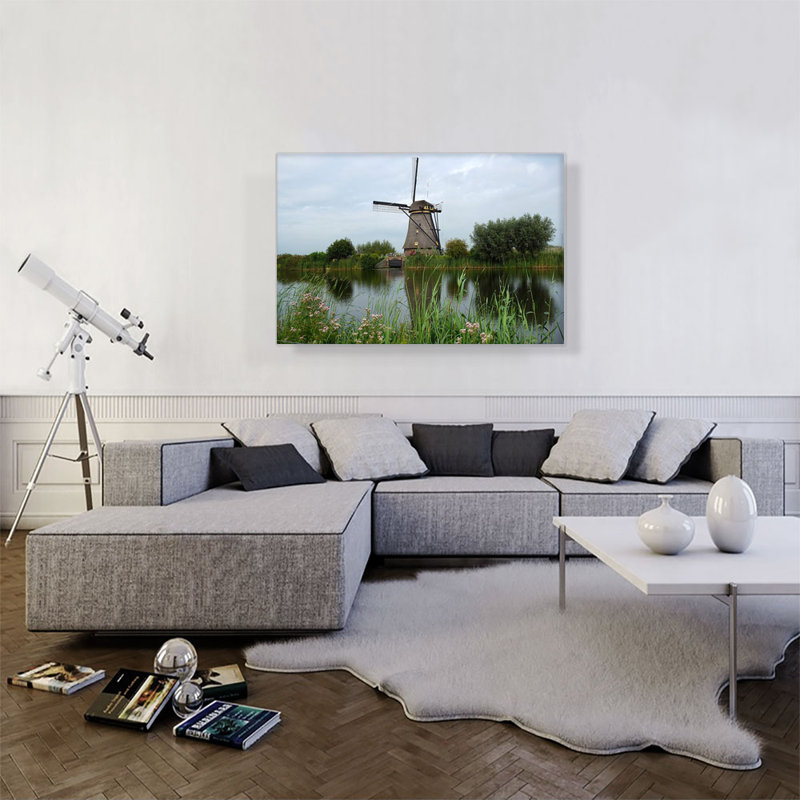 Pays-Bas, moulin à vent sur une rivière - reproduction de photo sur toile tendue, H 26 po x l 40 po x 1,5 po