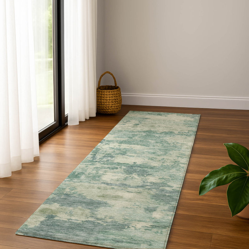 Premium Machine Washable Mayfield AMF2074 Abstract Rug, Teal, 2'3" x 7'6" Runner