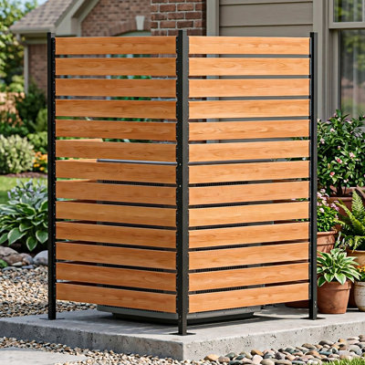 Écran de clôture en bois et métal de 38 po x H 60 po, 2 pièces, panneau de fixation pour surface dure, sans creusage, équipement de piscine et unités utilitaires