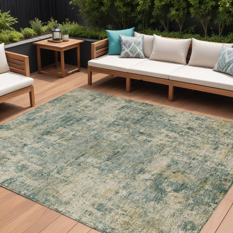 Tapis extérieur lavable abstrait vert artichaut 10 pi x 14 pi vert et bleu sarcelle