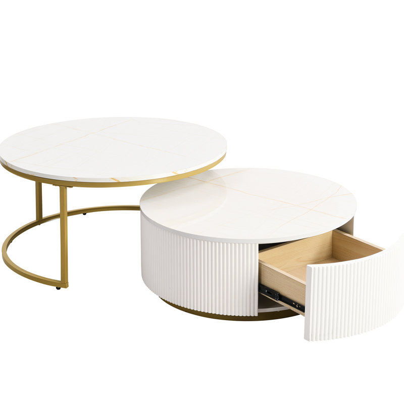 Table basse moderne blanche et dorée avec tiroir et base emboîtable avec charme doré, Blanc