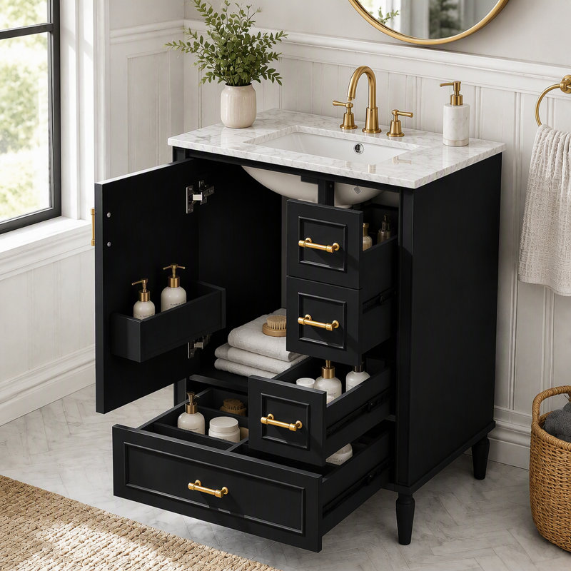 Meuble-lavabo moderne 24 po avec lavabo en céramique, porte à fermeture douce, 3 tiroirs et support de porte