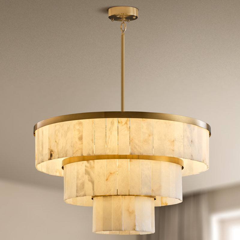 34.3" Dual-Layer Round Drum Kitchen Island Alabaster Chandelier, Gold, 16, 3