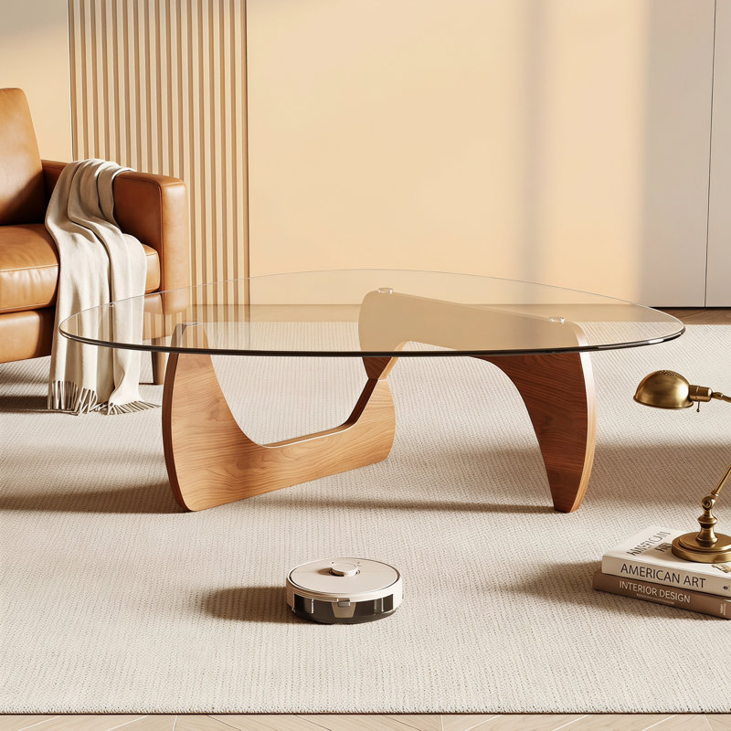 Table basse moderne, 42,5 x 28,5 x 16,1 pouces, plateau de table triangulaire en verre trempé pour le salon, ton bois naturel