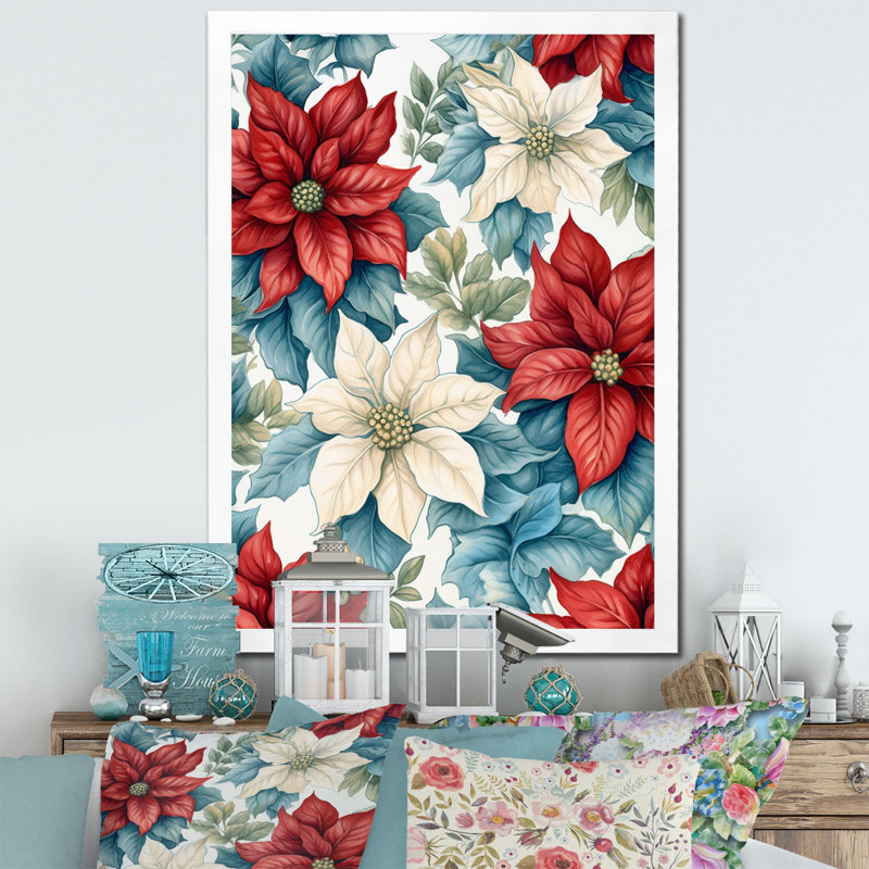 Poinsettia Passion I - impression sur toile florale, Cadre simple blanc, H 20 po x l 12 po x P 1 po